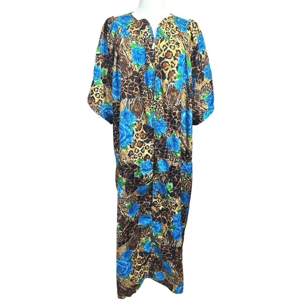 VTG Simply Basic BOHO Cottagecore Floral Animal Print Kaftan Mumu 1/2 Zip Robe